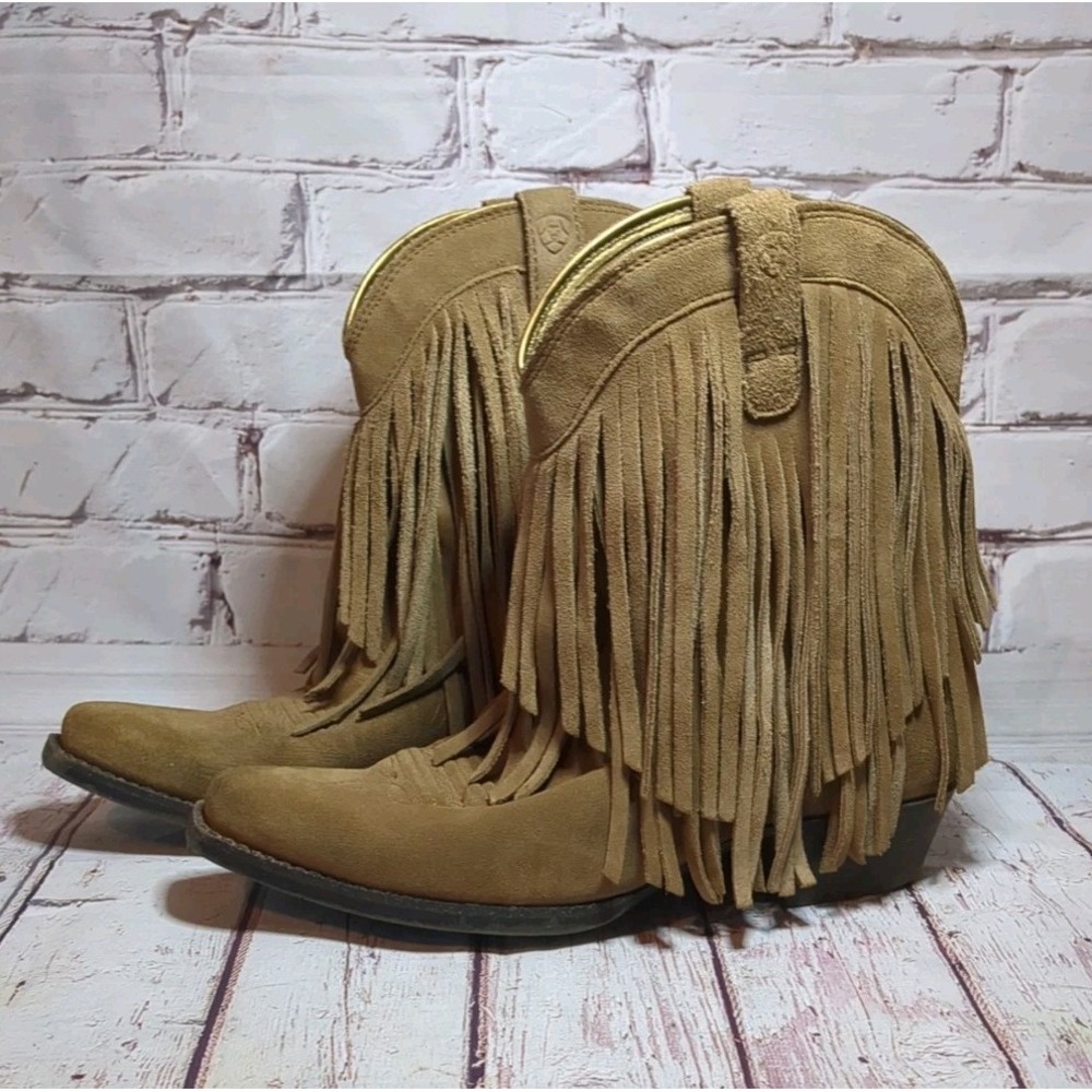 Ariat Gold Rush Fringe Cowboy Leather Suede Boots Women Girls Size 3.5 Tan‎
